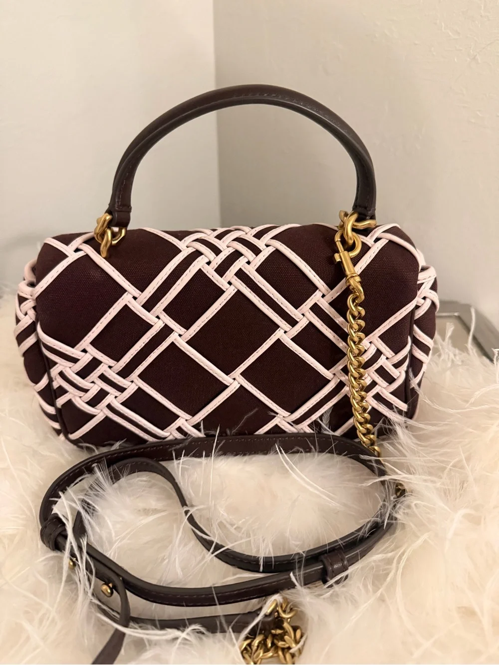 Tory Burch Small Kira top handle Woven Canvas Convertible Shoulder Bag